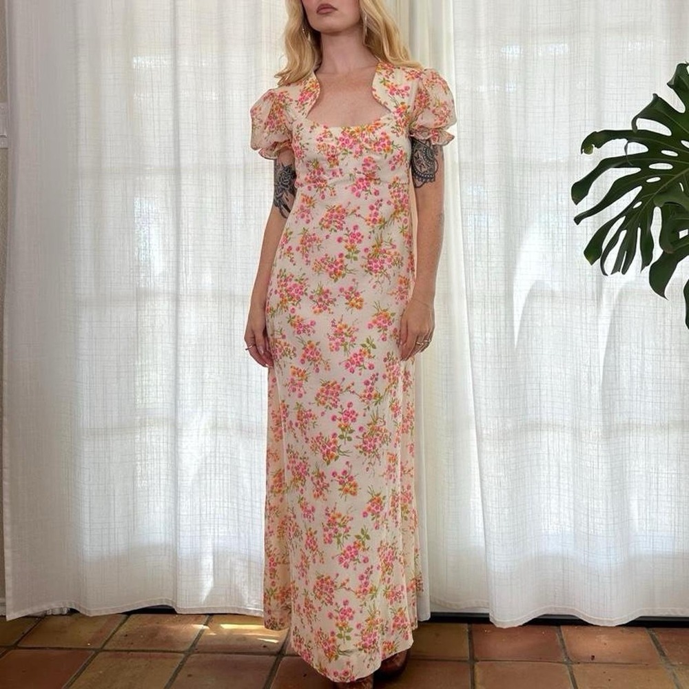 Vintage 70s boho floral puff sleeve maxi dress